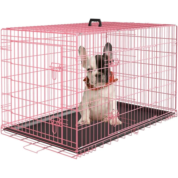 GREOKL Large Dog Crate Kennel for Medium Large Dogs Metal Dog Cage Double-Door Folding Travel Indoor Outdoor Puppy Playpen with Divider and Handle Plastic Tray, 24.0"L x 16.0"W x 19.0"H Pink