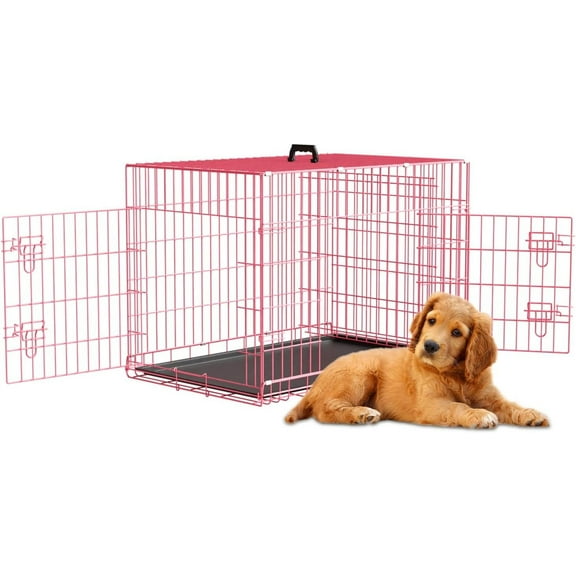 GREOKL Versatile & Durable Double Door Folding Metal Dog Crate Includes Adjustable Divider, Leak-Proof Pan & Quick-Fold Design for Effortless Setup, 30.0"L x 18.0"W x 19.5"H Pink