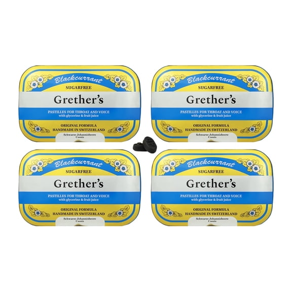 GRETHER'S Pastilles Sugarfree Blackcurrant - Natural Remedy Dry Mouth Relief - Soothing Throat & Healthy Voice - Gluten-Free - 3.75 oz (4 Pack)