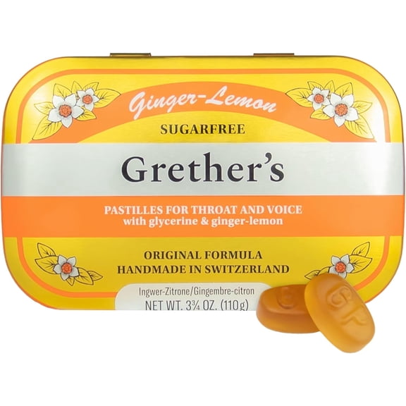 GRETHER'S Sugarfree Ginger Lemon Pastilles  Premium Swiss Throat Lozenges for Dry Mouth & Throat Comfort  Citrus-Fresh Flavor  Gluten & Lactose Free  Gift for Singers  3.75 oz