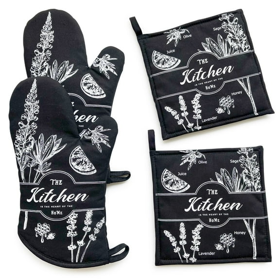 GREVY Black 2 Cotton Oven Mitts 2 Cotton Pot Holders Wrapping Gift Set