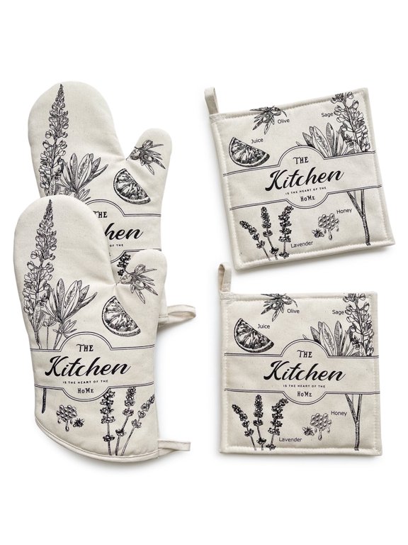 Heat-Resistant Pot Holder Oven Mitten Set, 4 Pack
