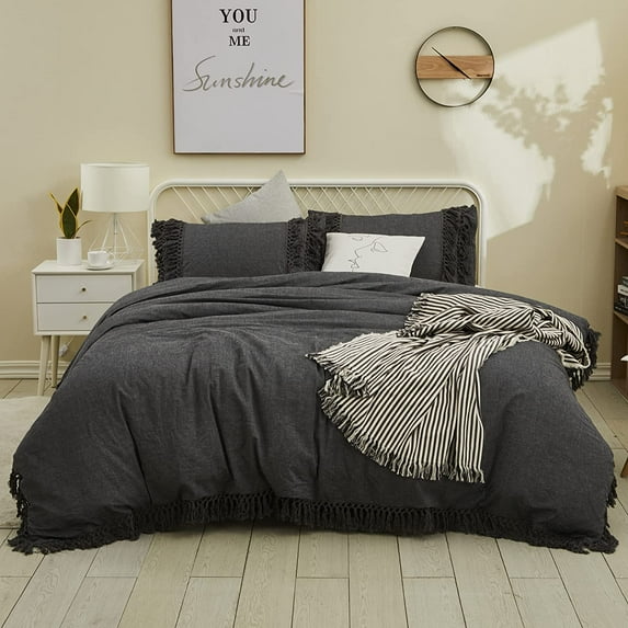 GREY Duvet Cover Queen 3 Pcs Boho Bedding Ruffle Tassel Farmhouse Duvet Covers Fringed 100% Washed Cotton