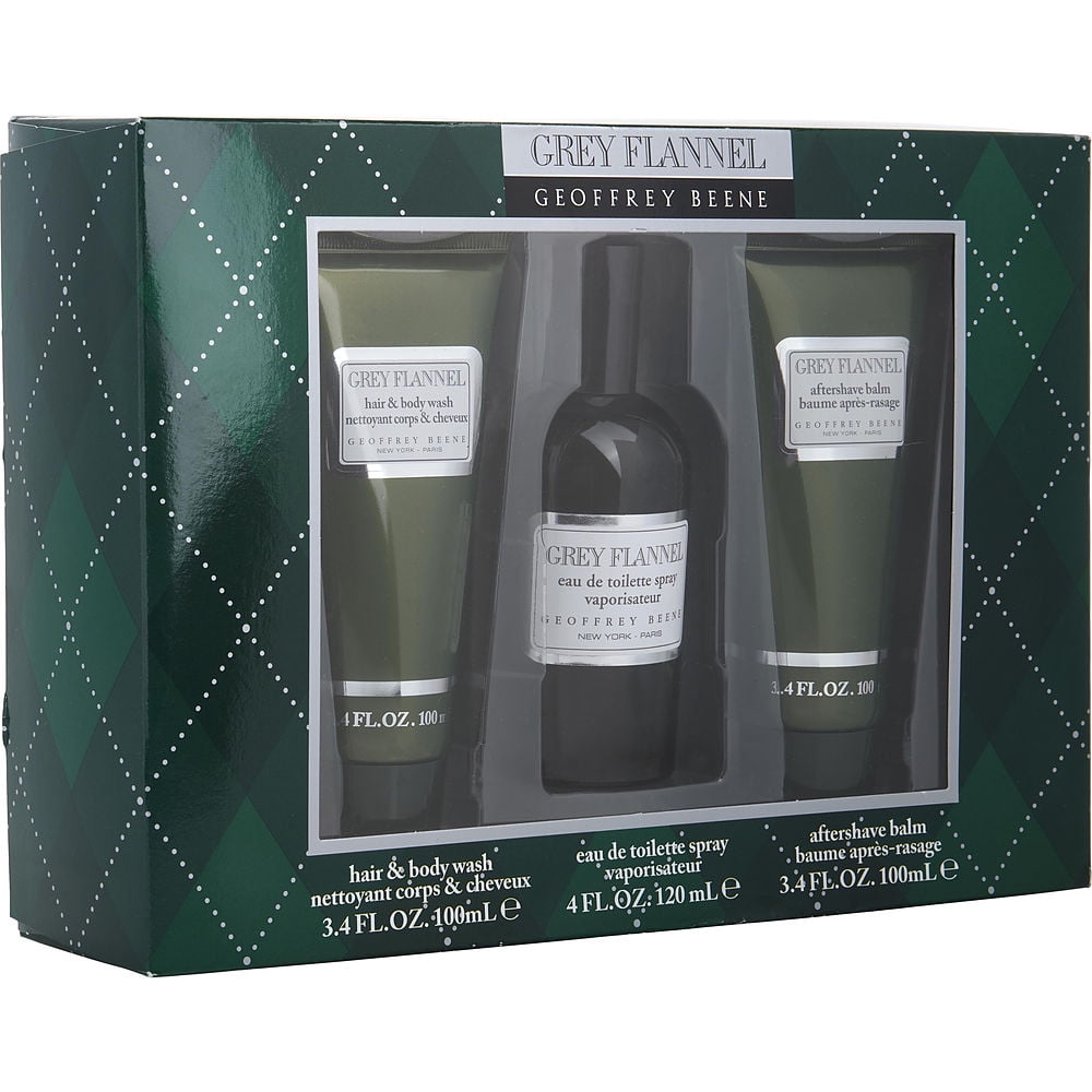 GREY FLANNEL by Geoffrey Beene EDT SPRAY 4 OZ & AFTERSHAVE BALM 3.4 OZ & HAIR & BODY WASH 3.4 OZ Geoffrey Beene GREY FLANNEL MEN