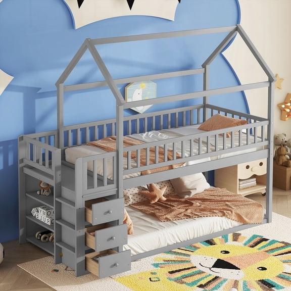 TWIN/TWIN HOUSE BUNK BED IN GREY - With Storage Shelves & Guardrails for Safety