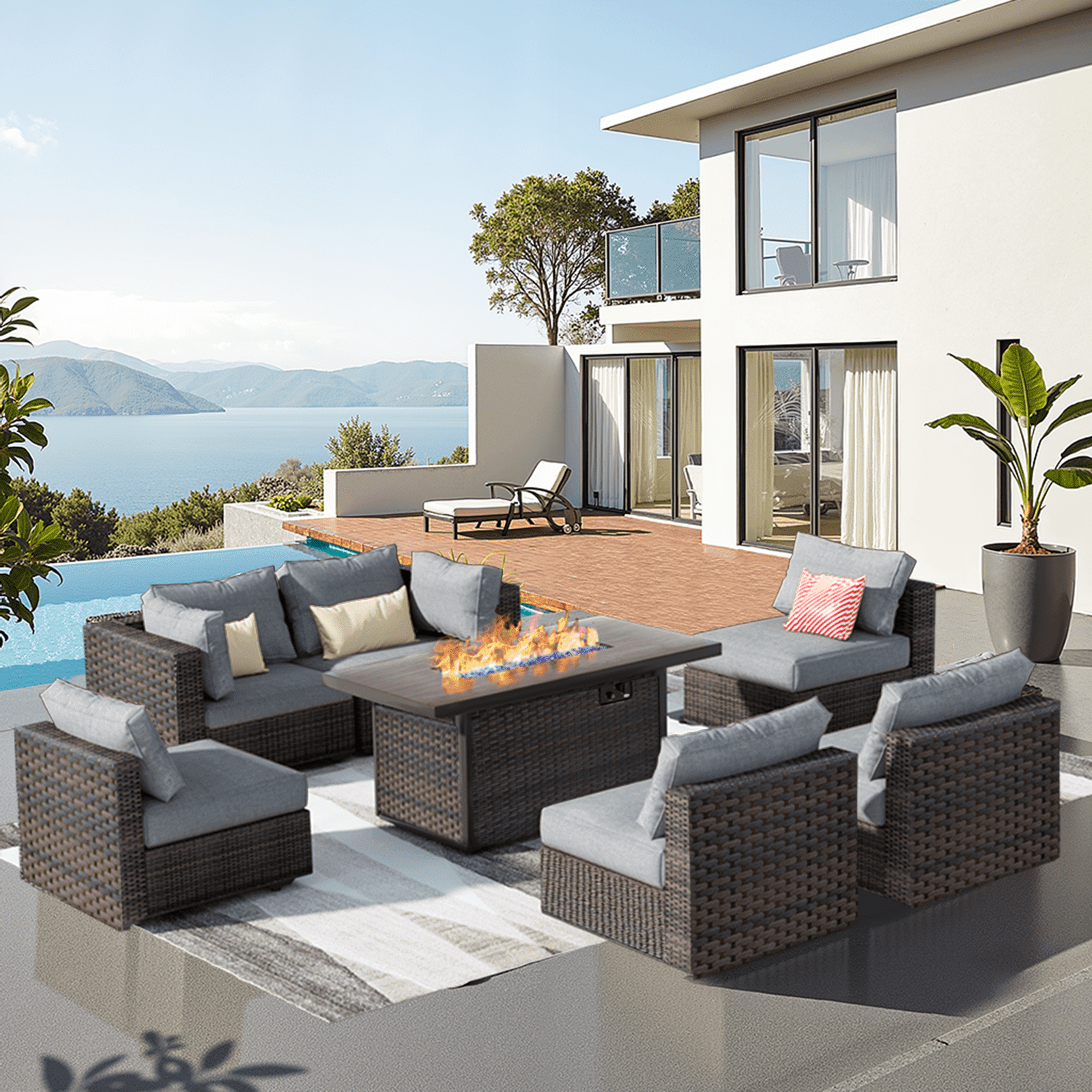 Grezone 7 Piece Patio Furniture Sets on Sale with Fire Pit Table, All Weather Outdoor Sectional PE Rattan, Patio Furniture Sets with Cushions for Garden, Lawn, Backyard,Gary