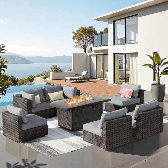 Grezone 7 Piece Patio Furniture Sets on Sale with Fire Pit Table, All Weather Outdoor Sectional PE Rattan, Patio Furniture Sets with Cushions for Garden, Lawn, Backyard,Gary