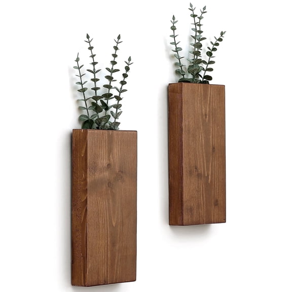 Wood Wall Planter Set of 2, Wall Pocket for Greenery and Dried Flowers, Indoor Wood Hanging Vase, Modern Farmhouse Wall Decor for Living Room Bedroom Office Eucalyptus Stems Decorations (Walnut)