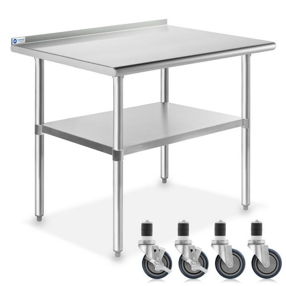 GRIDMANN 36 x 24 Inch Stainless Steel Table w/ Backsplash & 4 Casters, NSF Commercial Kitchen Work & Prep Table