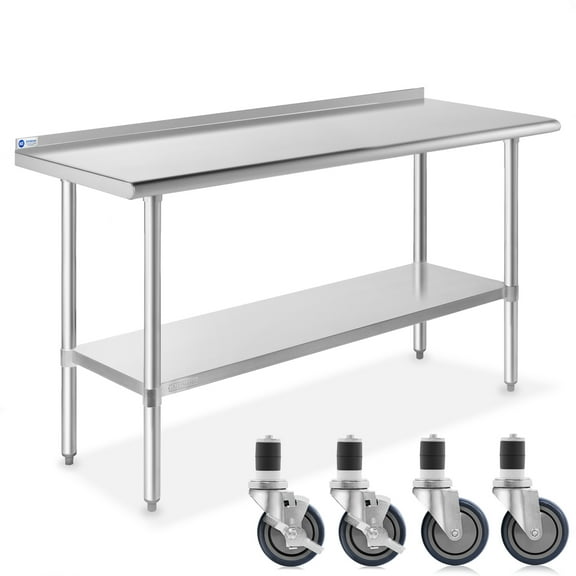 GRIDMANN 60 x 24 Inch Stainless Steel Table w/ Backsplash & 4 Casters, NSF Commercial Kitchen Work & Prep Table