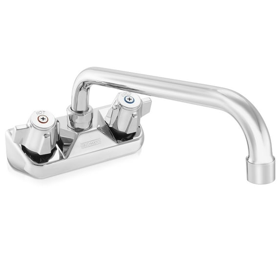 GRIDMANN Commercial Wall Mount Sink Faucet, 4" Center with 10" Swing Spout, NSF, Dual Knob Handles, Brass Construction, Chrome Polished Finish