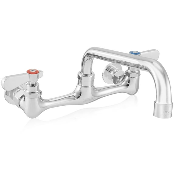 GRIDMANN Commercial Wall Mount Sink Faucet, 8" Center with 10" Swivel Spout, NSF, Dual Lever Handles, Brass Construction, Chrome Polished Finish