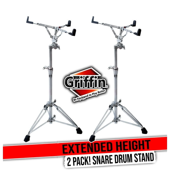 GRIFFIN Concert Stand-Up Snare Drum Stands (2-Pack) | Tall Adjustable Chrome Stand for Practice Pads & Drums | Extended-Height Hardware Mount Holder with Basket Clamp