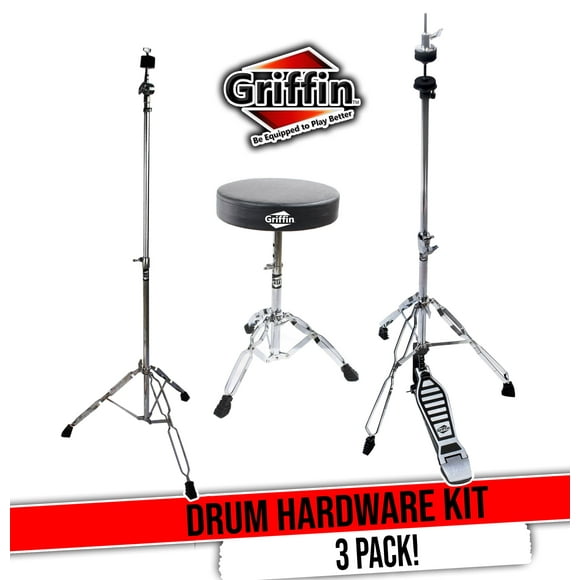 GRIFFIN Drum Hardware (3 Piece Set) - Hi-Hat Stand, Drummer's Throne Seat & Straight Cymbal Stand | Deluxe Chrome Percussion Set for Mounting Medium-Duty Crash, Ride & Splash Cymbals