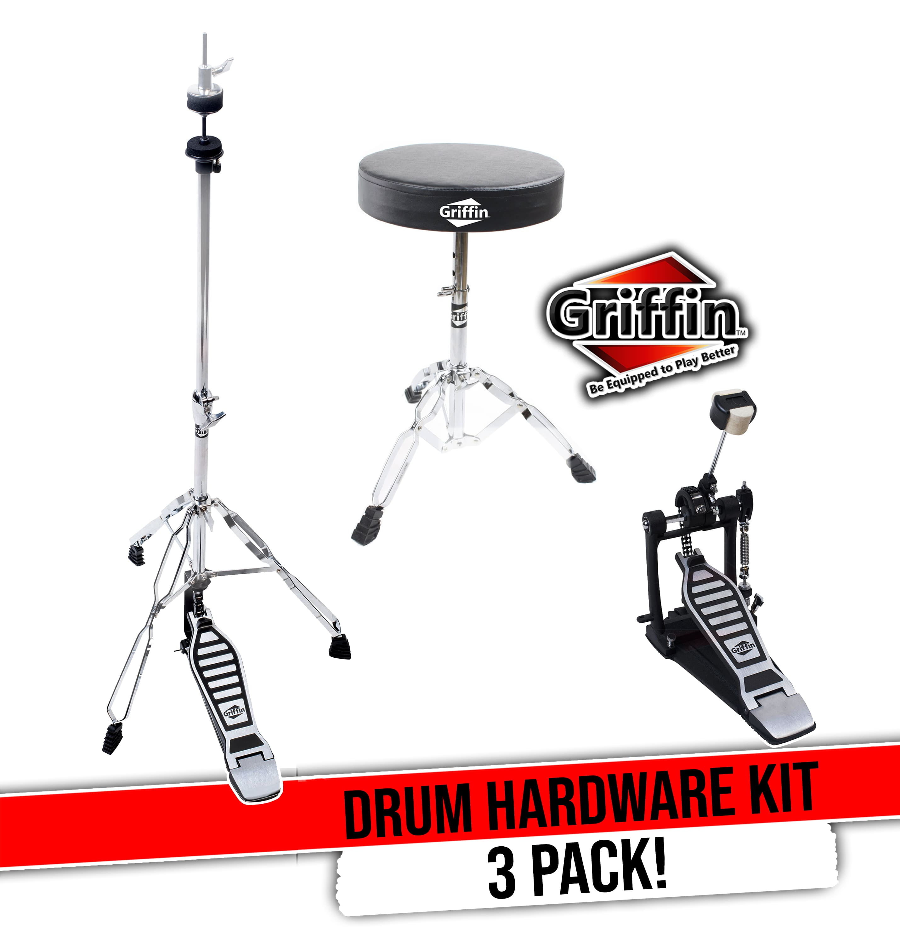 GRIFFIN Drum Hardware Set (3-Piece Kit) - Bass Drum Kick Pedal, Drummer's Throne Seat & Hi-Hat Stand | Deluxe Chrome Percussion Set for Mounting Crash, Ride & Splash Cymbals