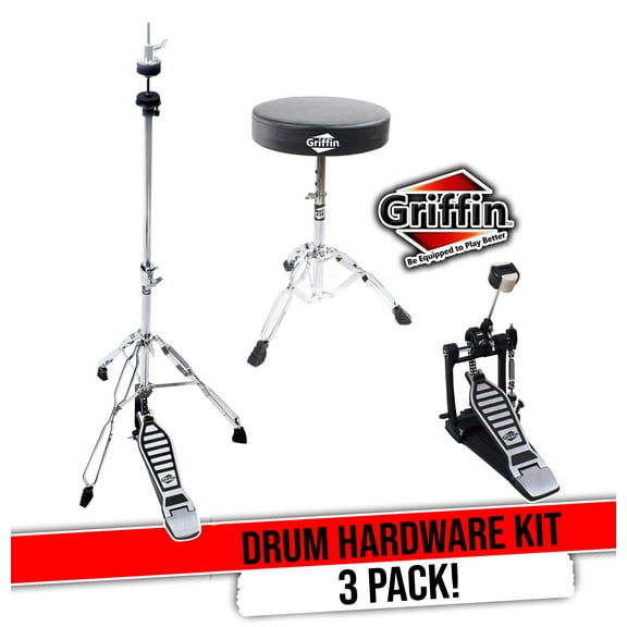 GRIFFIN Drum Hardware Set (3-Piece Kit) - Bass Drum Kick Pedal, Drummer's Throne Seat & Hi-Hat Stand | Deluxe Chrome Percussion Set for Mounting Crash, Ride & Splash Cymbals
