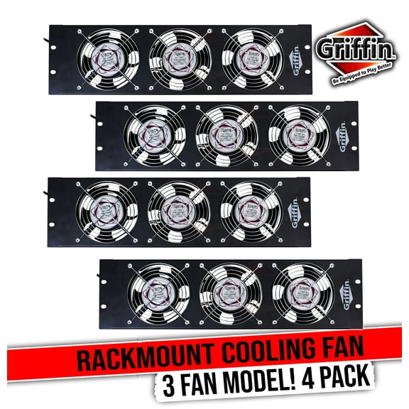 GRIFFIN Rackmount Exhaust Fan (4 PACK)| 3U Ultra-Quiet Triple Cooling Fans to Keep Studio Audio Gear Cool | Rack Mount for Network IT Server Rails with Temperature Control Panel Cabinet