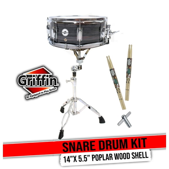 GRIFFIN Snare Drum Kit with Snare Stand, 2 Pairs of Maple Drum Sticks & Drum Key | Wood Shell Drum Set, Percussion Musical Instrument Practice Package | 8 Metal Tuning Lugs & Snare Strainer Throw Off