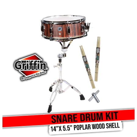 GRIFFIN Snare Drum Kit with Snare Stand, 2 Pairs of Drum Sticks & Drum Key | Wood Shell Drum Set, Maple Sticks, Chrome Holder Acoustic Marching Percussion Musical Instrument Practice Package