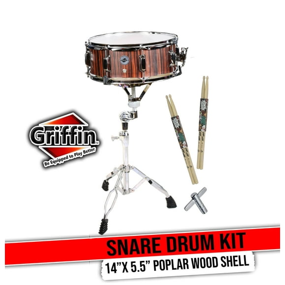 GRIFFIN Snare Drum Kit with Snare Stand, Wood, 14"