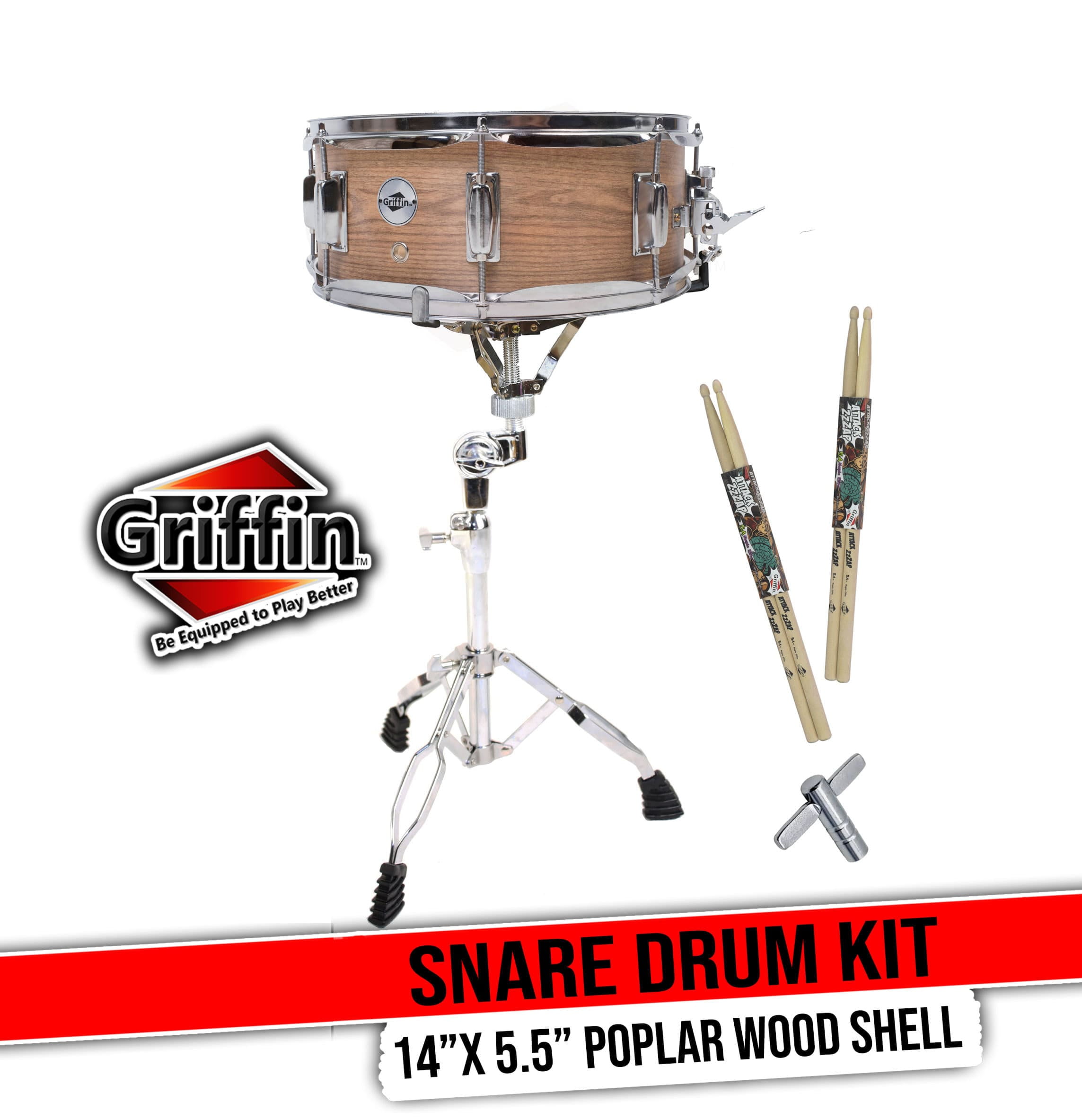GRIFFIN Snare Drum Package with Snare Stand, 2 Pairs of Drum Sticks & Drum Key | Snare Kit with Poplar Wood Shell 14" x 5.5" with Flat Hickory PVC | 8 Metal Tuning Lugs & Snare Strainer Throw Off