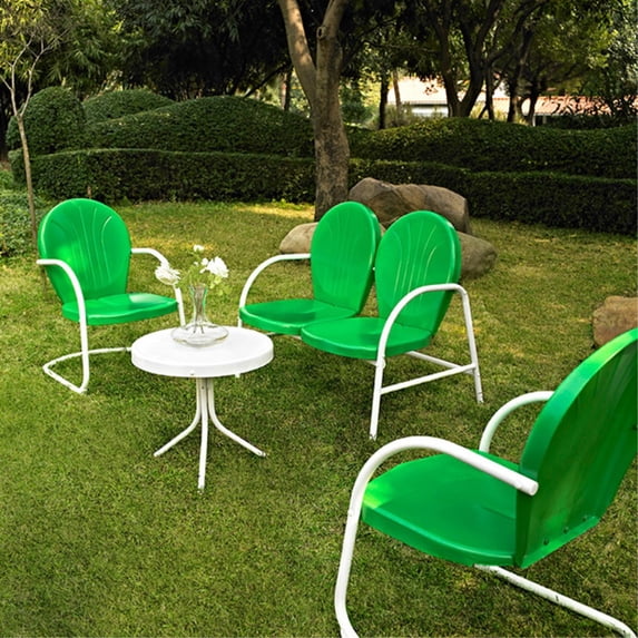 GRIFFITH 4 PIECE METAL OUTDOOR CONVERSATION SEATING SET - LOVESEAT & 2 CHAIRS IN GRASSHOPPER GREEN FINISH WITH SIDE TABLE IN WHITE FINISH