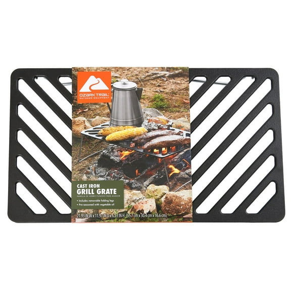 Ozark Trail Pre-Seasoned Cast Iron Grill Grate with Grid Rack, Heavy-Duty Cooking Surface for Campfire & Outdoor Grilling