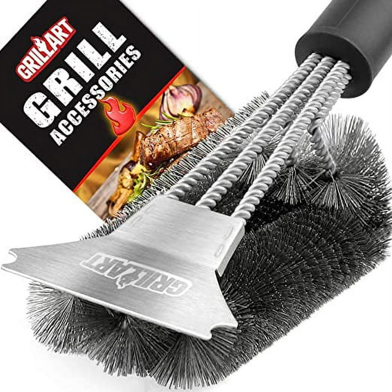 GRILLART Grill Brush and Scraper - Extra Strong BBQ Cleaner Accessories -  Safe Wire Bristles 18 Stainless Steel Barbecue Triple Scrubber Cleaning