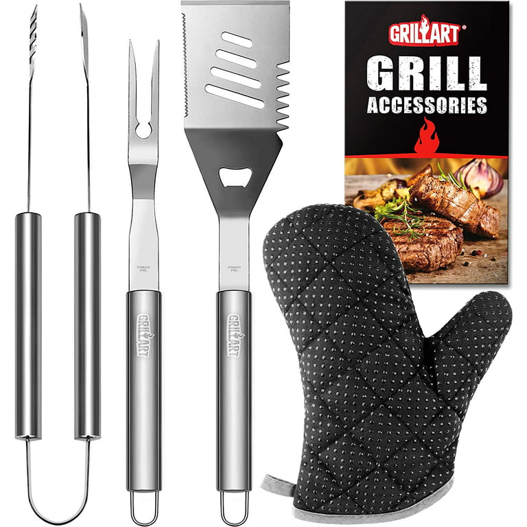 GRILLART Grill Tools Grill Utensils Set - 3PCS BBQ Tools-  Spatula/Tongs/Fork, with Insulated Glove, Ideal BBQ Set Grilling Tools for  Outdoor Grill