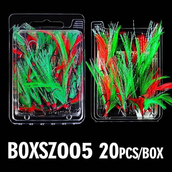 GRIMPEX Carbon Steel Treble Fishing Hooks with Feathers 20Pcs Box Size for 2# 4# 6# 8# 10# A-2#