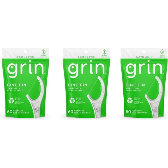 GRIN Dental Mint Floss Tape Fine Fin Tight Teeth Dents Serres (3 Packs of 60 Count)
