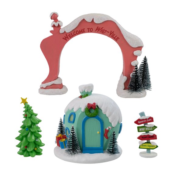 Dr. Seuss' The Grinch, 4 Piece Collectable Christmas Village Set, by Ruz, Includes Whoville House, Whoville Arch, Wayward Sign and Christmas Tree, Multicolor