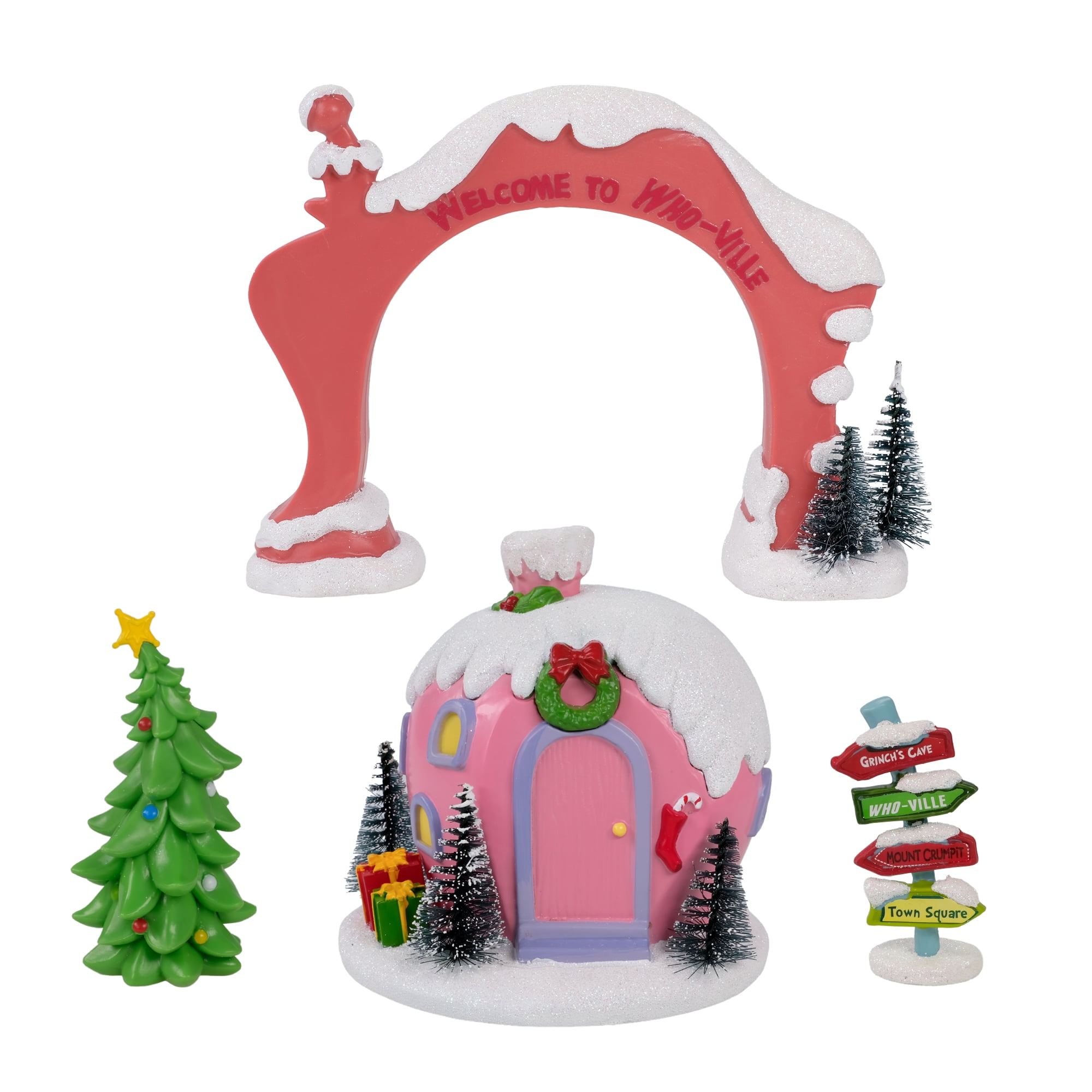 Dr. Seuss The Grinch Whoville Village 4‑Piece Christmas Set — House, Arch, Sign Post & Tree