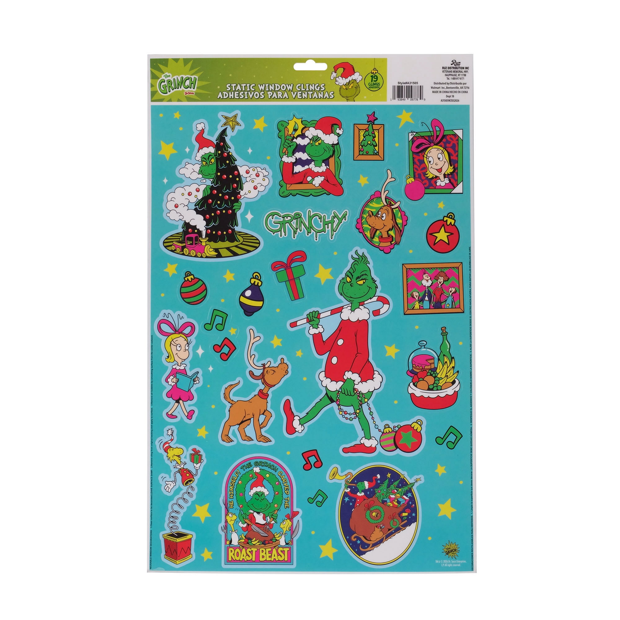 Dr. Seuss The Grinch Christmas Window Clings, 19‑Piece Holiday Static Window Decorations – Grinch, Max & Cindy‑Lou Who