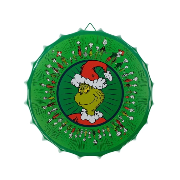 Grinch Round Metal Bottle Cap Sign, 11.6" Diameter, Green, Novelty, by Ruz