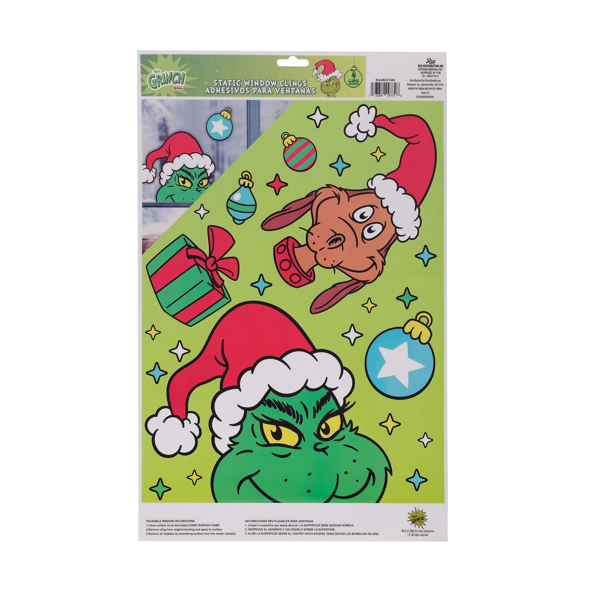 Dr. Seuss The Grinch Christmas Window Clings – Holiday Static Window Decorations Featuring The Grinch & Max