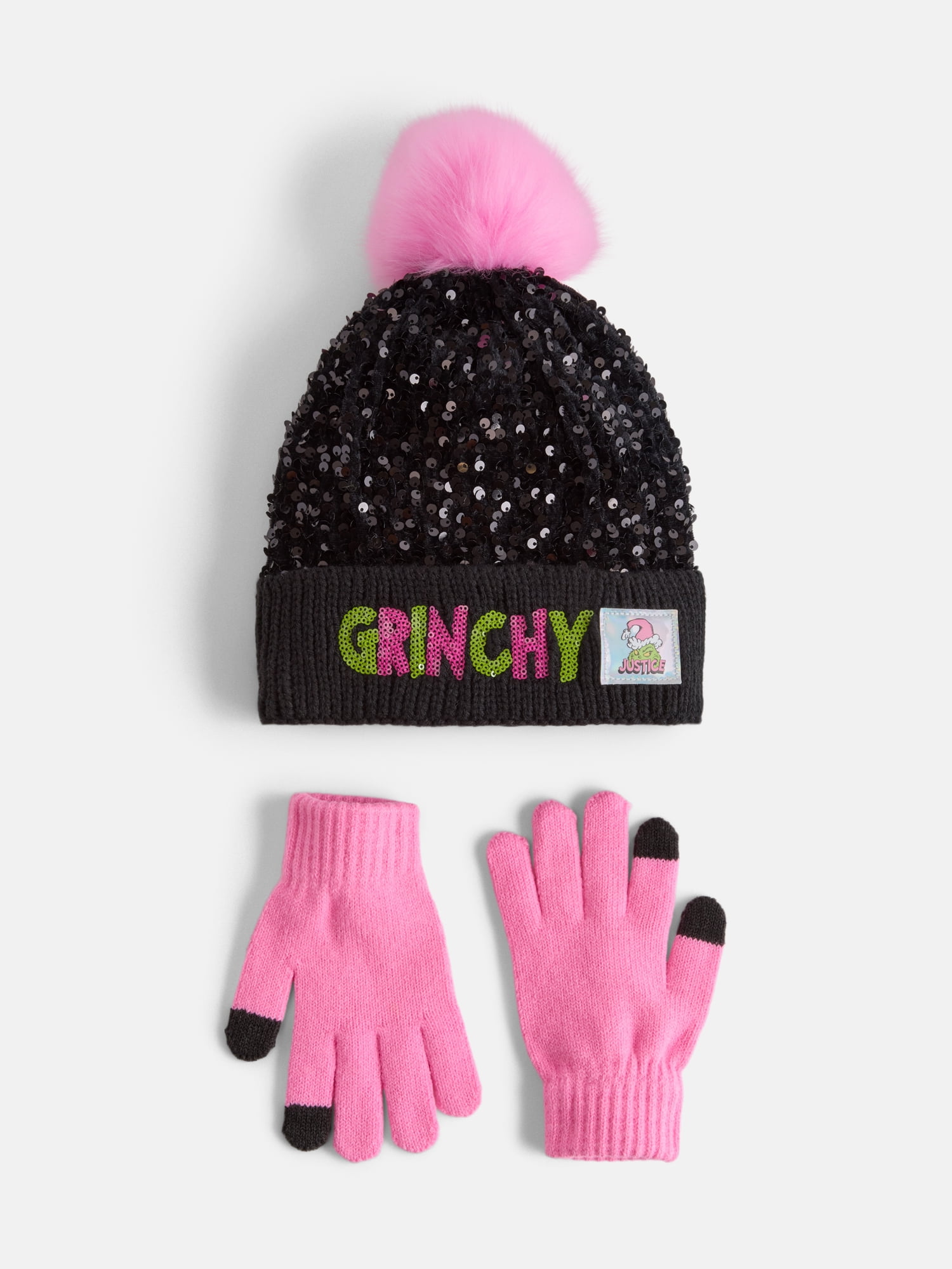 Justice Girls x Dr. Seuss' The Grinch Sequin Hat and Glove Set, Black