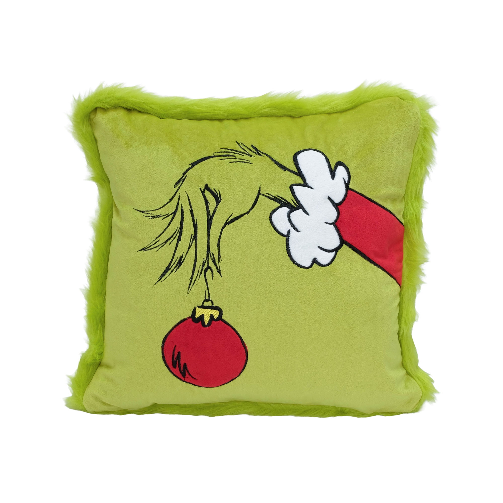 Dr. Seuss The Grinch Holiday Decorative Throw Pillow with Green Faux-Fur Trim and Ornament Design