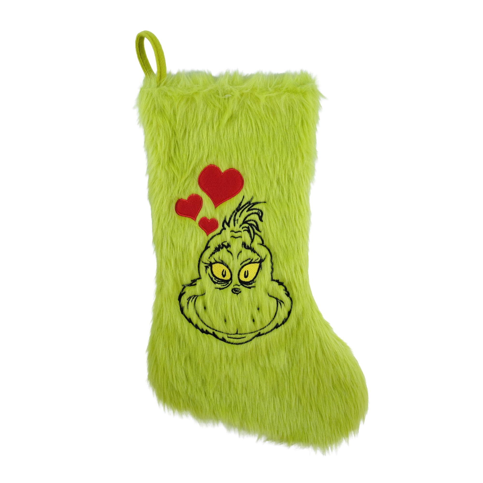 Grinch 20 Inch Furry Christmas Stocking with Heart Design - Holiday Decor