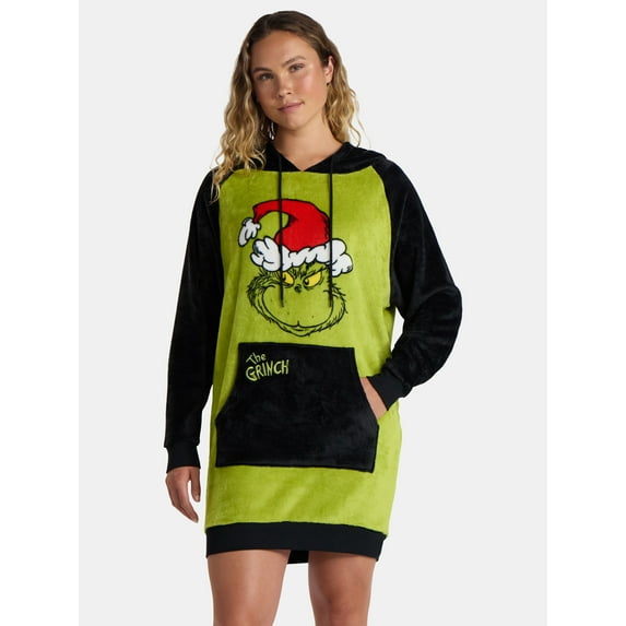 Dr. Seuss Women’s The Grinch Plush Lounge Dress with Hood, Sizes XS-3X