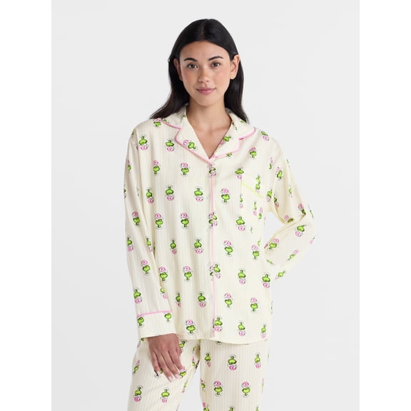 Dr. Seuss Women's and Women's Plus The Grinch Flannel Notch Collar Sleep Top, Sizes XS-3X
