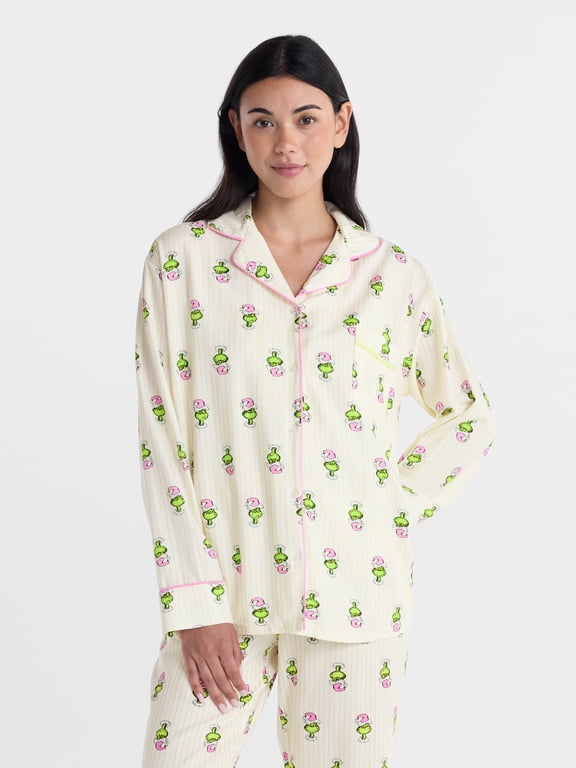 Women's and Women's Plus The Grinch Flannel Notch Collar Sleep Top, Sizes XS-3X