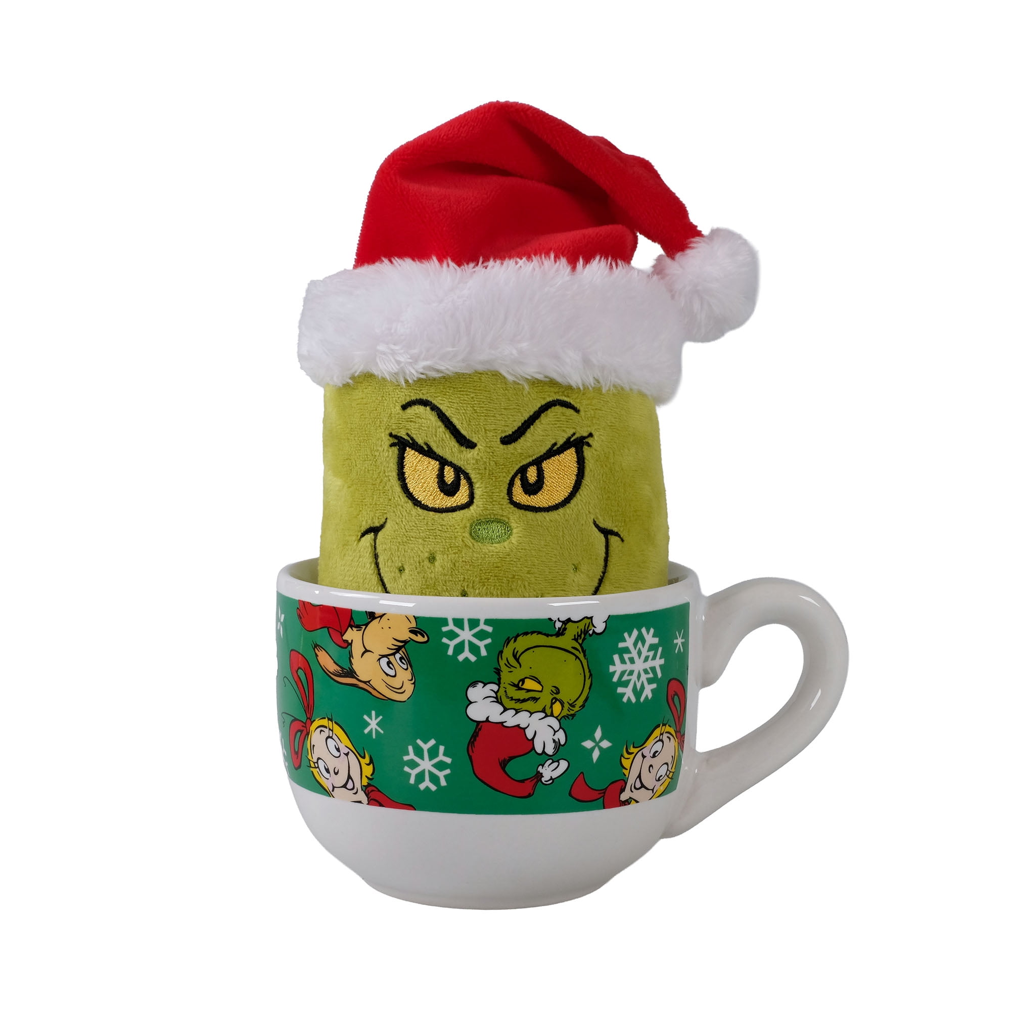 Dr. Seuss The Grinch Marshmallow Plush in Holiday Cappuccino Mug – Festive Green Mug with Character Artwork