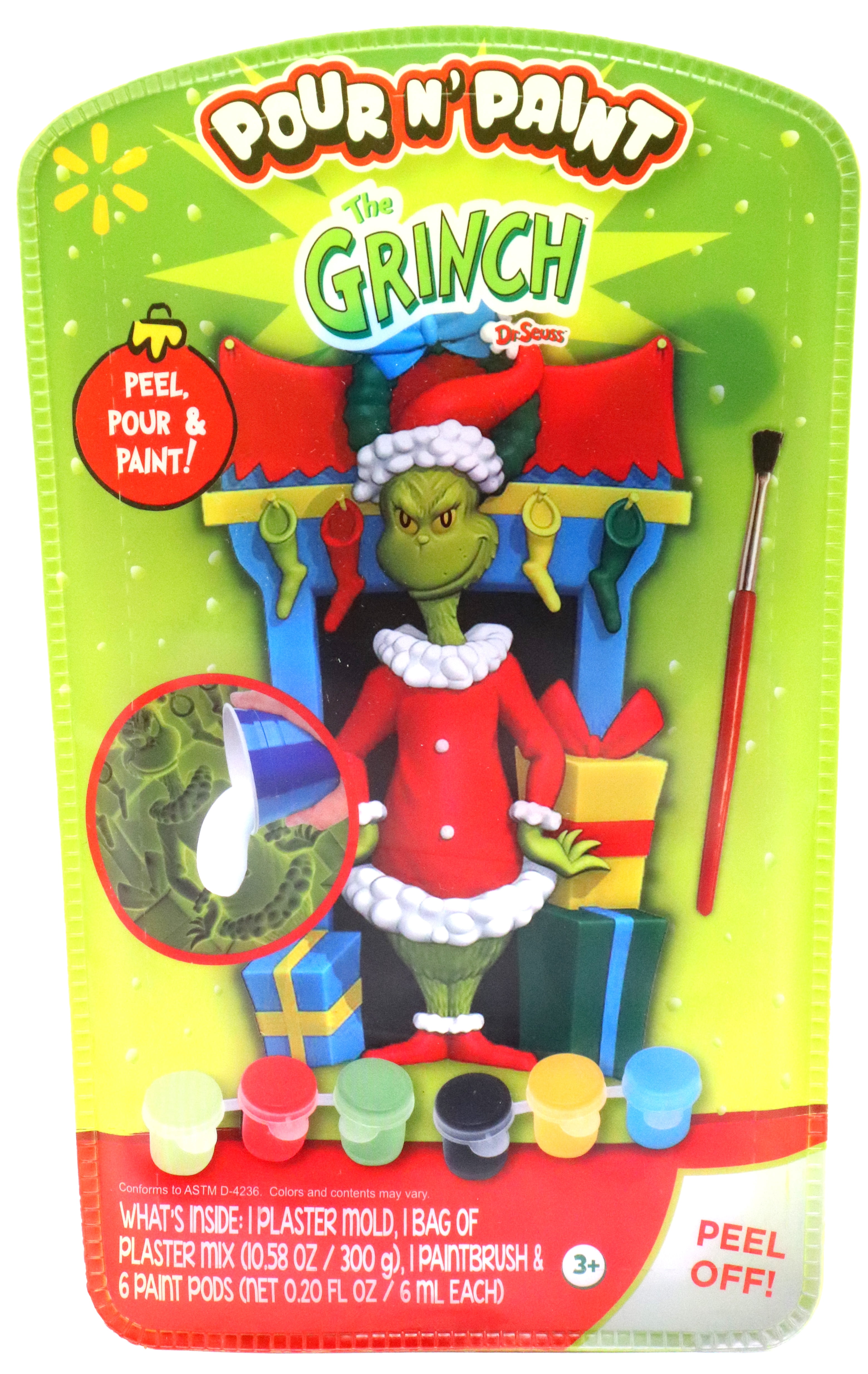 Dr. Suess's Grinch Pour N' Paint DIY Figure, Arts and Crafts Activity Set for Kids Ages 3 and Up, 6 Paint Colors