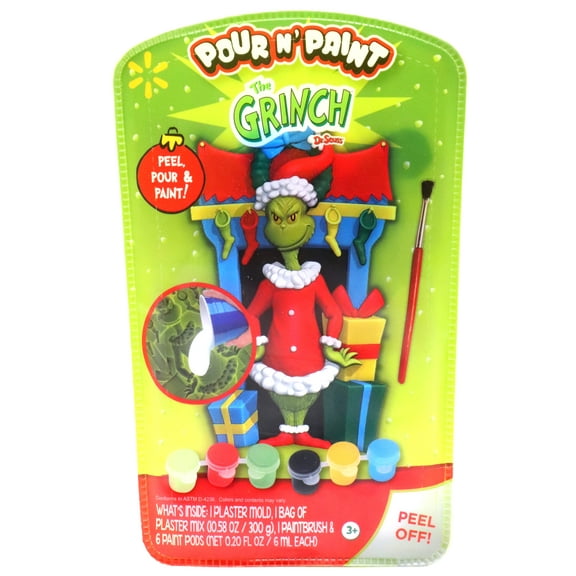 Dr. Suess's Grinch Pour N' Paint DIY Figure, Arts and Crafts Activity Set for Kids Ages 3 and Up, 6 Paint Colors