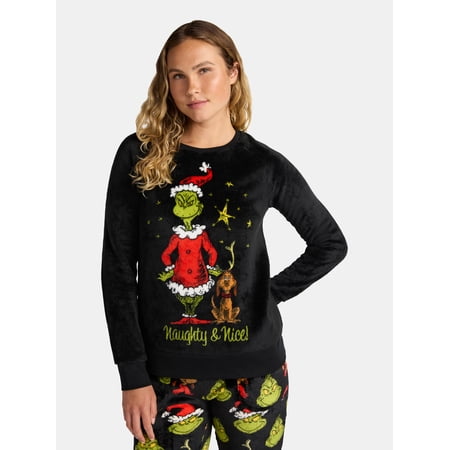 The Grinch Women's and Women's Plus Minky Fleece Graphic Sleep Top with Long Sleeves, Sizes XS-3X