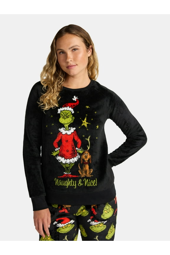 The Grinch Women's and Women's Plus Minky Fleece Graphic Sleep Top with Long Sleeves, Sizes XS-3X