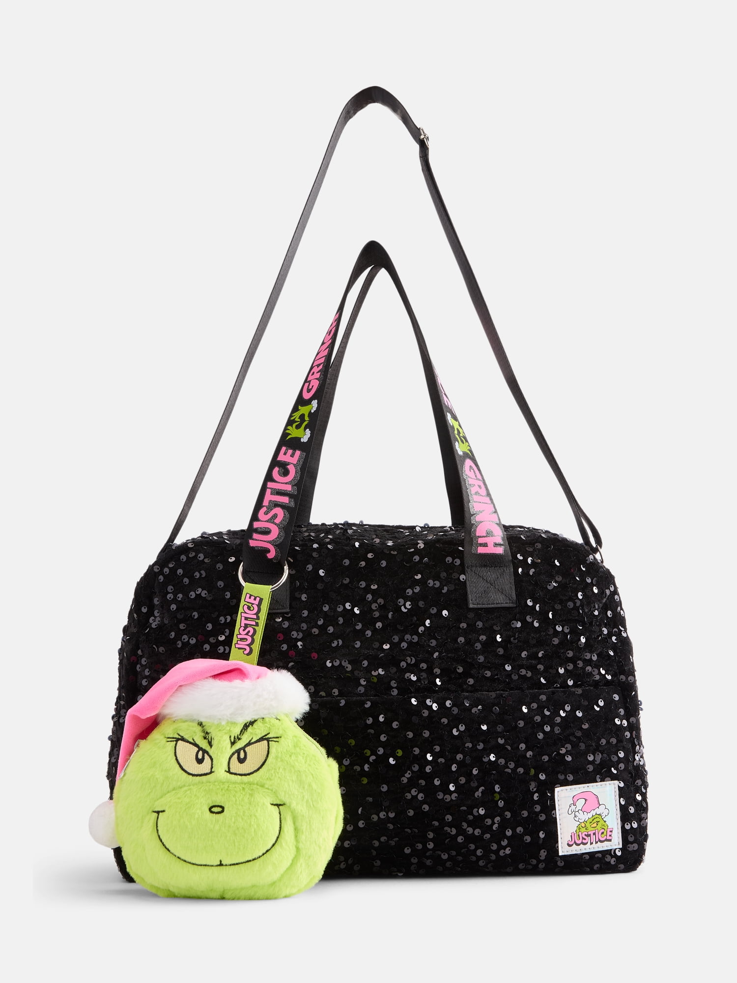 Justice Girls Grinch Sparkle Duffle with Plush Bag Charm, Black