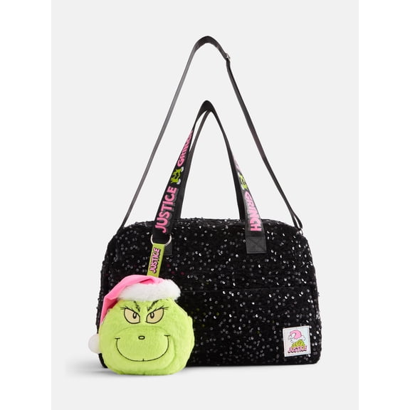 Justice Girls Grinch Sparkle Duffle with Plush Bag Charm, Black
