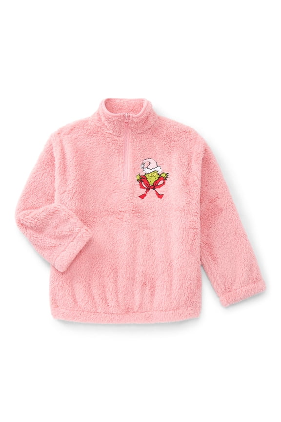 Dr. Seuss The Grinch Girls' Front Back Graphic Quarter Zip Fleece Pullover, Sizes 4-16